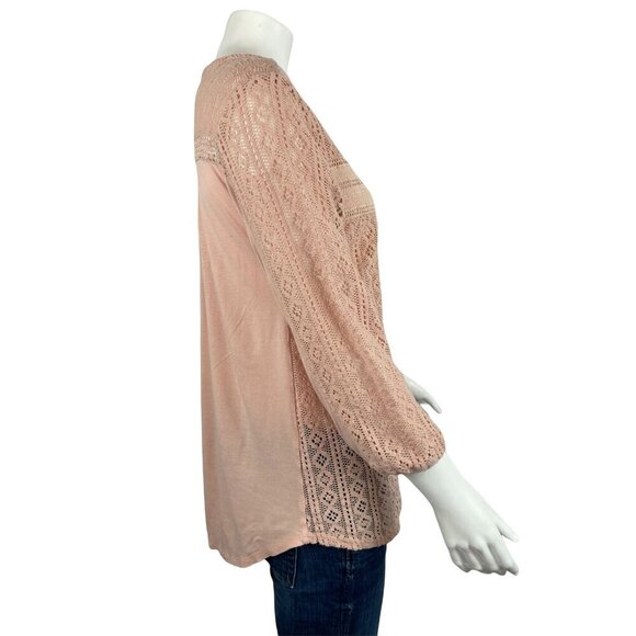 Lucky Brand Medium 3/4 Sleeve Lace Shirt Knit Back Pink Sheer - Picture 2 of 7